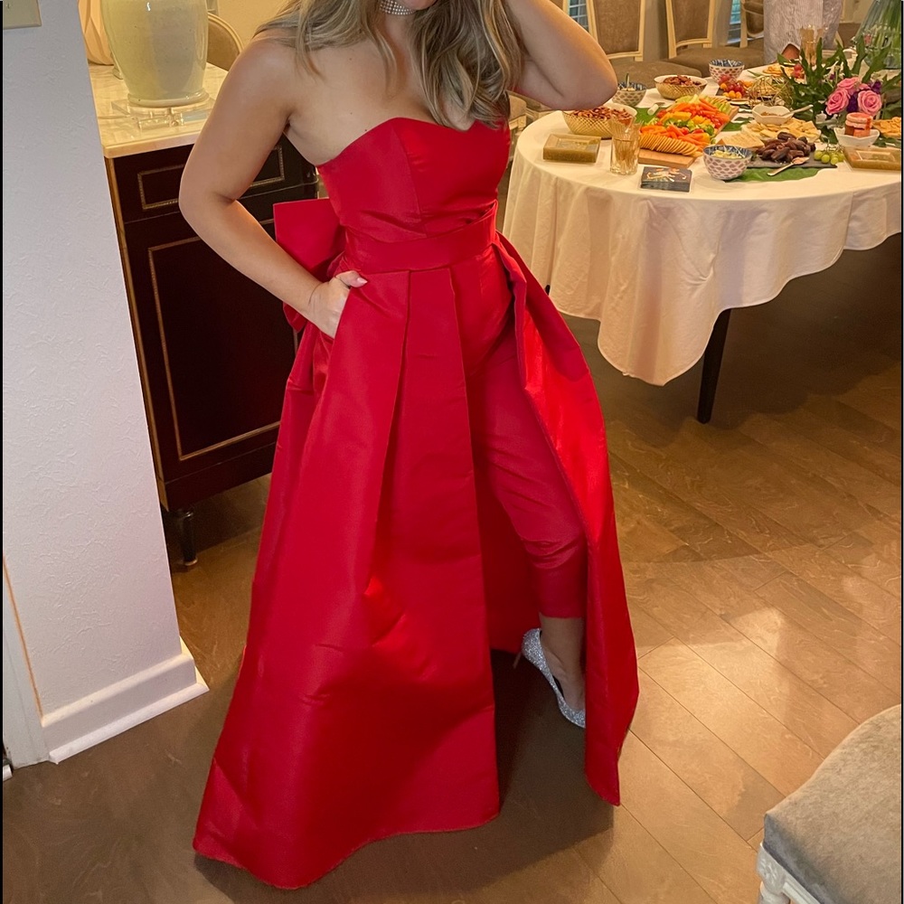 Red Convertible Silk Jumpsuit with Detachable Overskirt from Saks Fifth Avenue